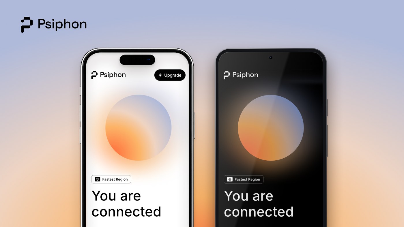 The redesigned Psiphon app in light and dark mode, showing the new connected screen
